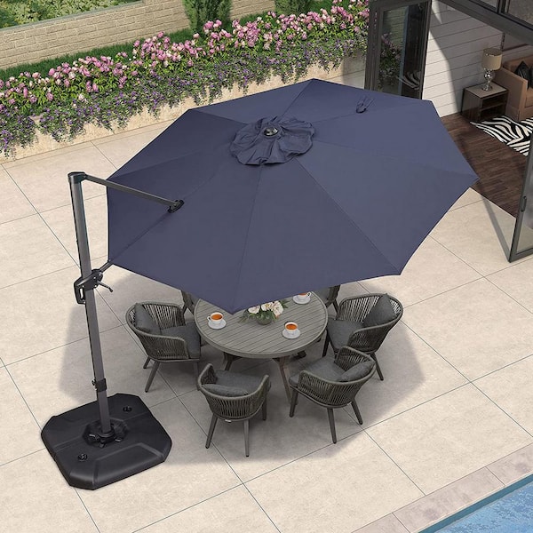 PURPLE LEAF 10 ft. Octagon Aluminum Outdoor Patio Cantilever Umbrella 360-Degree Rotation Umbrella with Base in Ground, Navy Blue