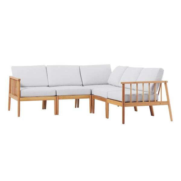 Natural 5-Piece Eucalyptus Wood Outdoor Modern Spindle Patio Sectional Seating Set with Light Pewter Cushions