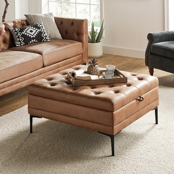 Jeremias Camel Transitional Lift Top Shelved Storage Button-Tufted Cocktail Ottoman with Metal Leg