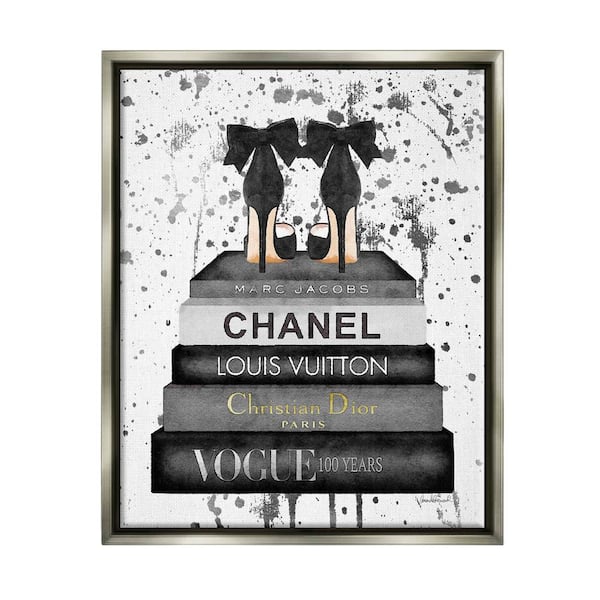 Stupell Industries Neutral Grey and Rose Gold Fashion Bookstack Black Framed Wall Art, 16 x 20