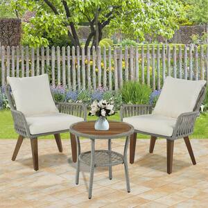 3-Piece Aluminium Bistro Set Conversation Set with Wood Tabletop and Beige Cushions