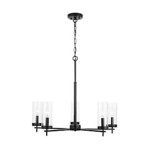 Zire 5-Light Midnight Black Modern Minimalist Dining Room Hanging Candlestick Chandelier with Clear Glass Shades