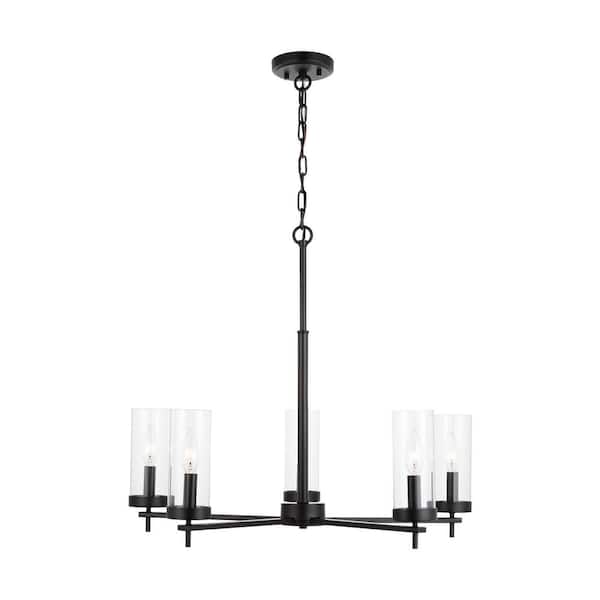 Generation Lighting Zire 5-Light Midnight Black Modern Minimalist Dining Room Hanging Candlestick Chandelier with Clear Glass Shades