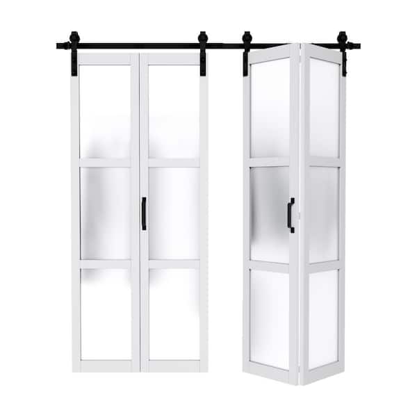 ARK DESIGN 72 in. x 84 in. 3-Lite Tempered Frosted Glass Solid Core White Finished Composite Bi-fold Door with Hardware