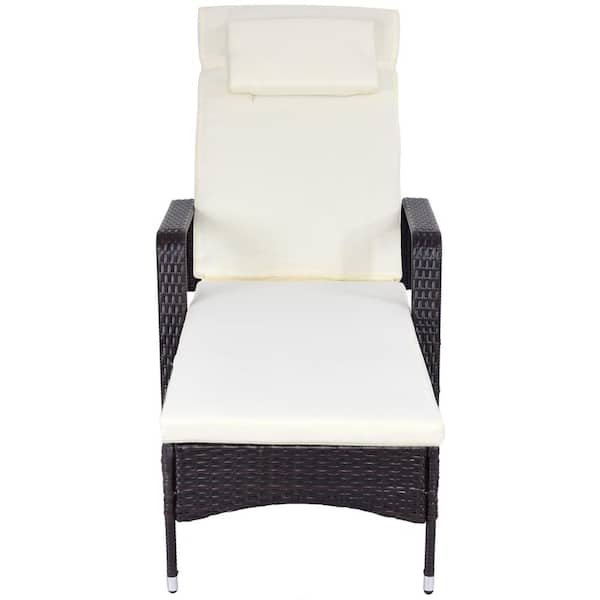 HONEY JOY Adjustable Wicker Outdoor Chaise Lounge with White Cushions Recliner