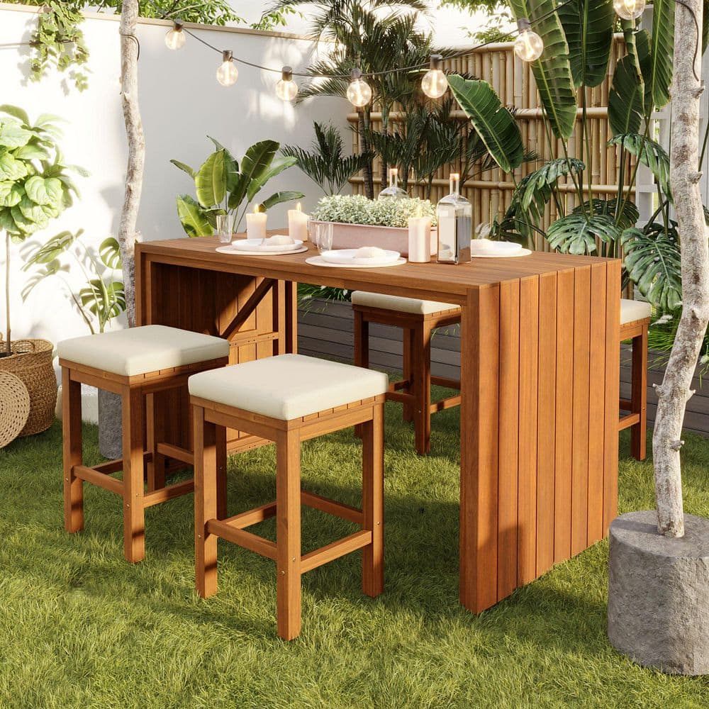 5-Piece Acacia Wood Outdoor Bistro Bar High Table Set with Beige