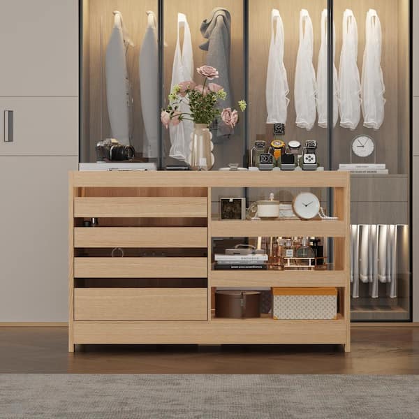 FUFU&GAGA Yellow Wood Grain Wooden 55.1 in. W Jewelry Armoire, Dresser with 4 Drawers, Glass Top Surface and 3 Glass Shelves