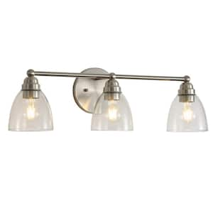 Kastle 26 in. 3-Light Brushed Nickel Bathroom Vanity Light Fixture with Bell Clear Glass Shades