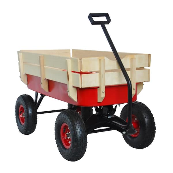4 cu. ft. Metal Garden Cart, Outdoor Sport Wagon Tools Cart with Wooden Side Panels and Air Tires