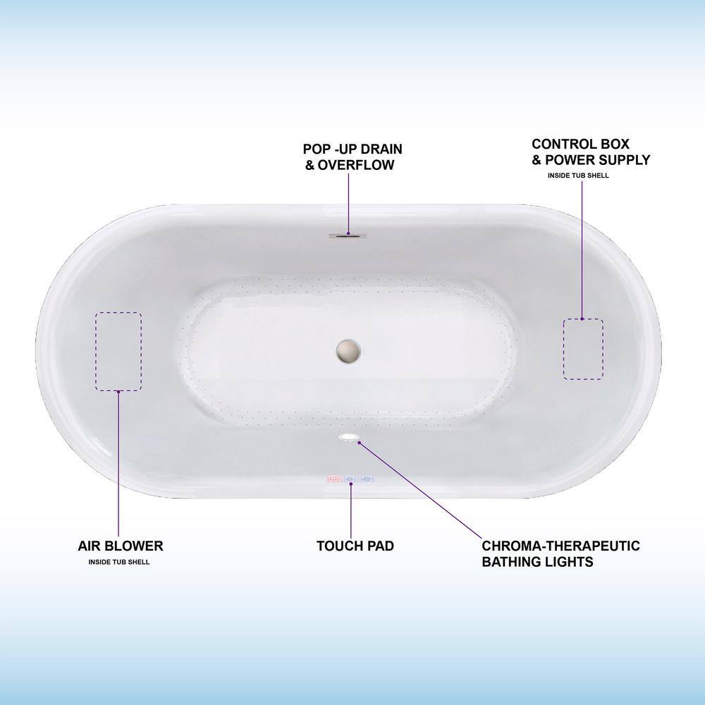 67" White Freestanding Acrylic Air Soaking Bathtub with Brushed Nickel Trim