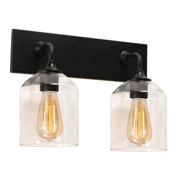 William 14.76 in. 2-Light Black Vanity Light with Clear Glass Shade