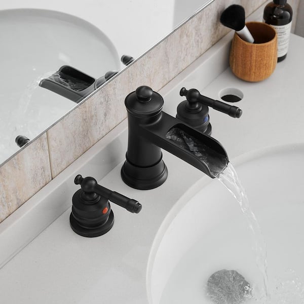 8 in. Widespread Double Handle Waterfall Bathroom Sink Faucet with Pop-up Drain in Matte Black