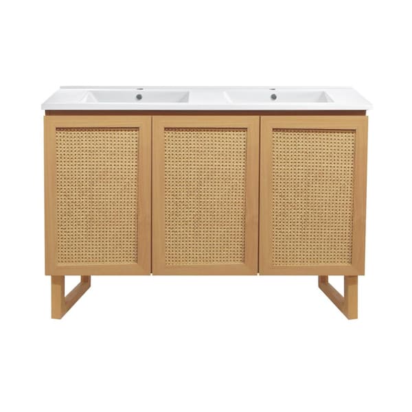Swiss Madison Arles 48 in. Natural Oak, Double Basin Bathroom Vanity in White with Ceramic Sink Top