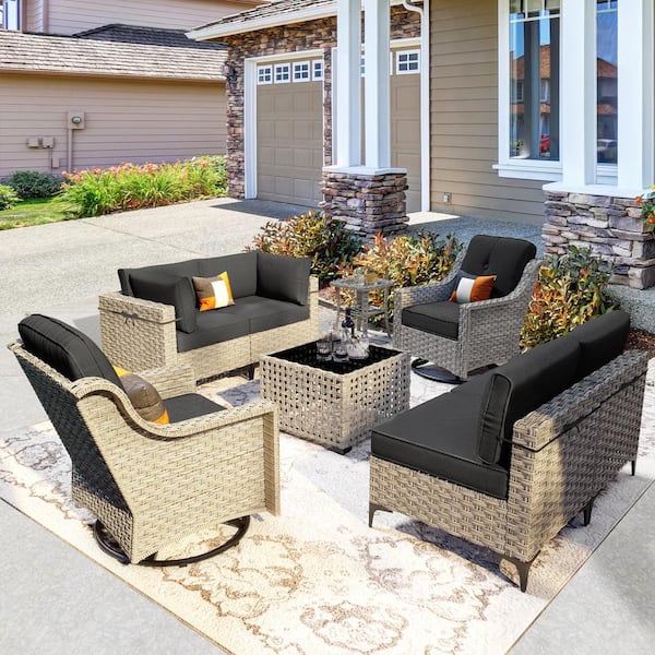 XIZZI Thor 8-Piece Wicker Patio Conversation Seating Sofa Set with Black Cushions and Swivel Rocking Chairs