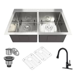 33 in. Drop-In Double Bowl Stainless Steel Kitchen Sink with Pull-Down Faucet, Bottom Grid, Strainer Basket, Drain Cap