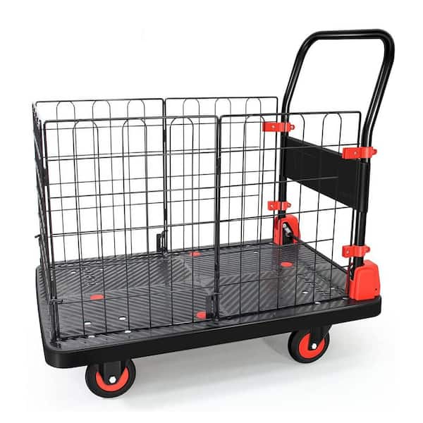 Unbranded Black and Red Metal Foldable Serving Cart, Platform Push Hand Truck Cart, Basket Cage Cart