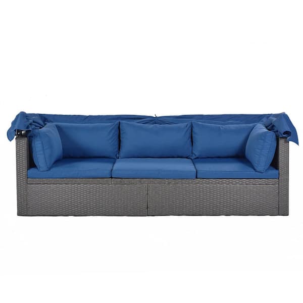 Afoxsos Gray 4-Piece Wicker Outdoor Patio Sectional Set with Blue Washable Cushions, Canopy, Ottomans and Coffee Table