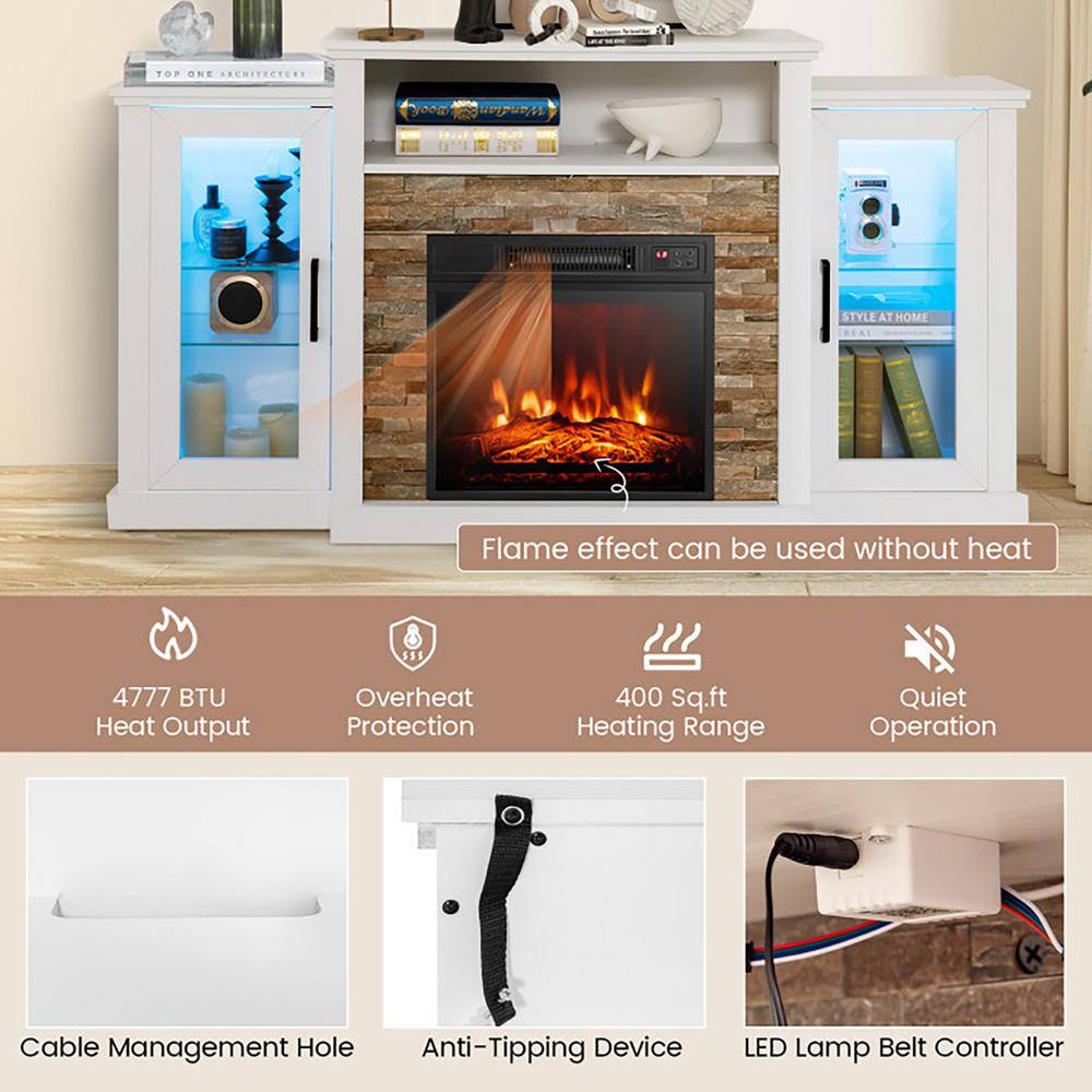 White MDF Fireplace TV Stand with LED Lights and Cabinets