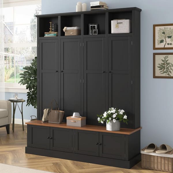 Rylo Farmhouse Black MDF Wood Entryway Hall Tree with Bench, Cabinets, Coat Rack and Hooks