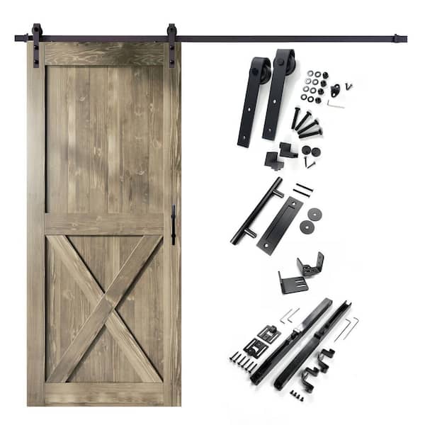 HOMACER 44 in. x 84 in. X-Frame Classic Gray Solid Pine Wood Interior Sliding Barn Door with Hardware Kit, Non-Bypass