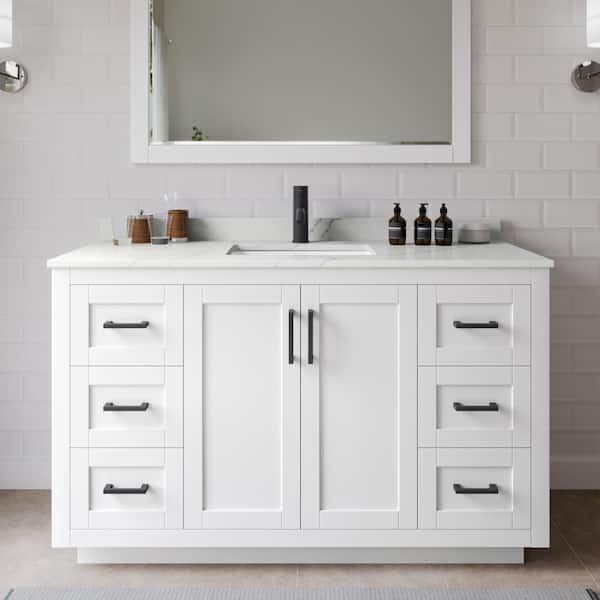 Wyndham Collection Miranda 54 in. W x 22 in. D x 33.75 in. H Single Bath Vanity in White with Giotto Quartz Top and 46 in. Mirror