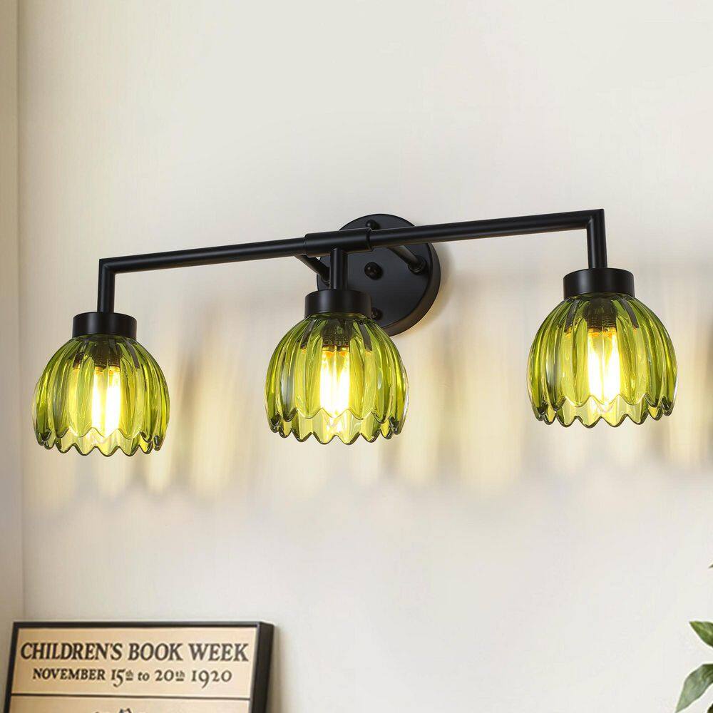 24.02 in. 3-Light Black Vintage Vanity Lights with Green Tulip Glass Shade Wall Sconce for Living Room Hallway price history on PriceWatchPro