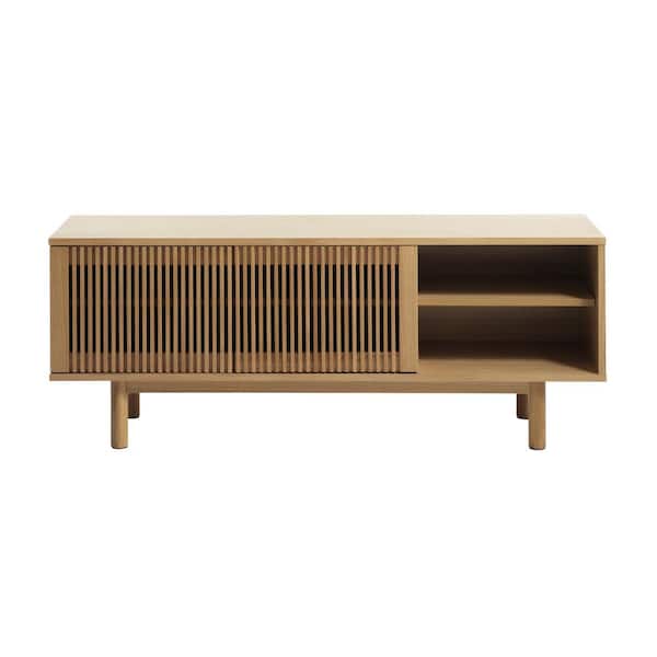 Unbranded Natural Oak TV Lowboard Fits TV's Up to 60 in. to 65 in. with Slatted Doors