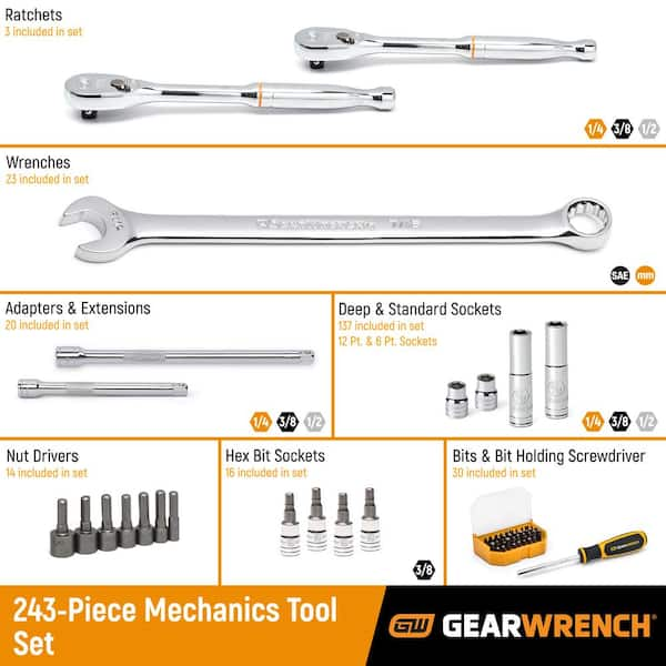 1/4 in., 3/8 in. and 1/2 in. Drive 6-Point SAE/Metric Mechanics Tool Set in 3-Drawer Storage Box (243-Piece)