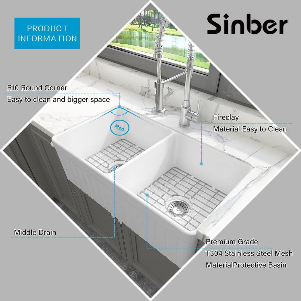 Sinber 33'' White Fireclay Farmhouse Double Bowl Kitchen Sink