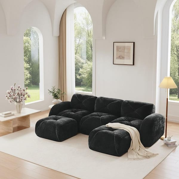 SAND 110.6 in. Oversize U-Shape Modular Velvet 3-Seat Sectional Sofa Set in. Charcoal Black, Comfort Design, No Assembly