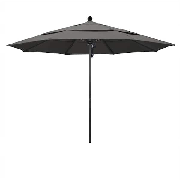 California Umbrella 11 ft. Black Aluminum Commercial Market Patio Umbrella with Fiberglass Ribs and Pulley Lift in Charcoal Sunbrella