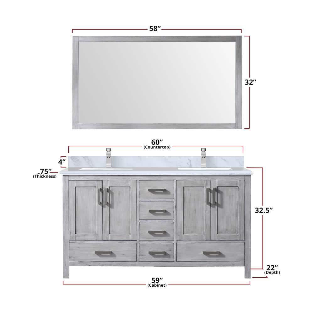 Jacques 60" Distressed Gray Solid Birch Double Bathroom Vanity with Mirror