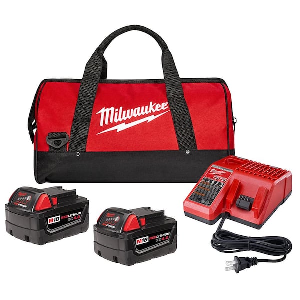 Milwaukee M18 18-Volt Lithium-Ion XC Starter Kit with Two 4.0 Ah Batteries, Charger and Contractor Bag