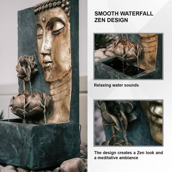 30 in. Tal, Bronze and Natural Grey Cascading Lotus Buddha Face Indoor  Outdoor Zen Water Fountain with LED Light