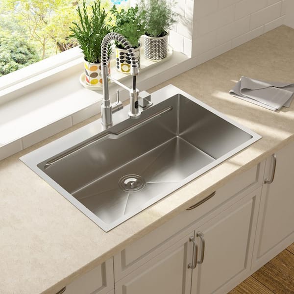33 in. Drop In Single Bowl 16-Gauge Stainless Steel Kitchen Topmount Sink with Ledge and Colander