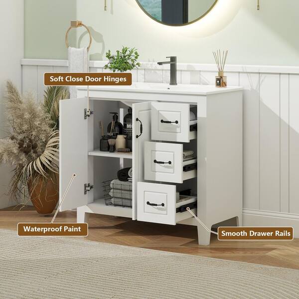 36 in. W x 18 in. D x 33 in. H Single Sink Bath Vanity in White with White Wood Top with Sink Set