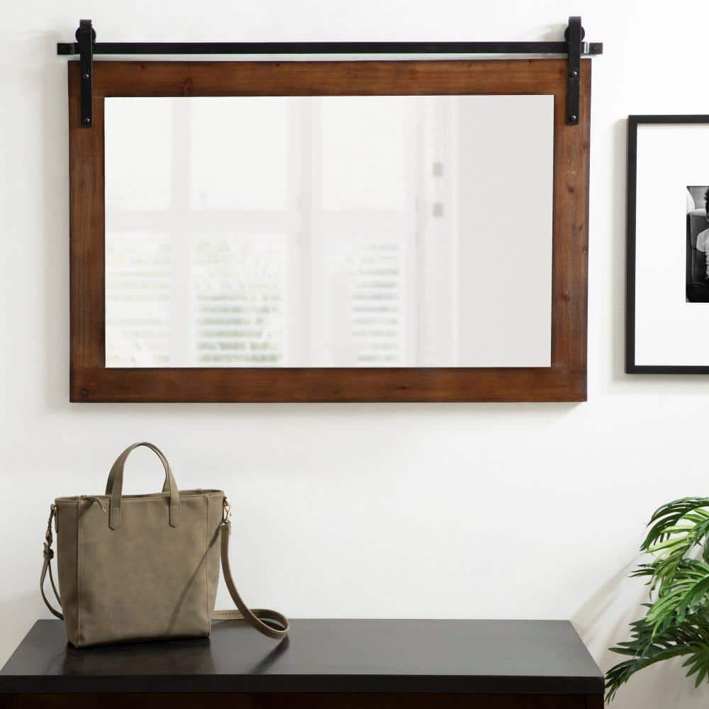 Walnut Brown Farmhouse Barn Door Wall Mirror with Metal Brackets