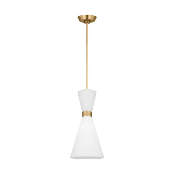 SCOTT LIVING - Belcarra Small 8 in. W x 16.375 in. H 1-Light Satin Brass Statement Pendant Light with Etched White Glass Shade