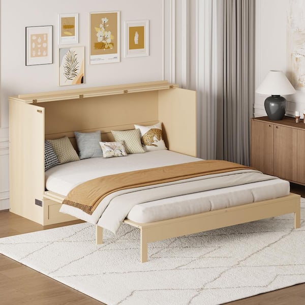 Qualler Gold Wood Frame Queen Size Murphy Bed with Drawer