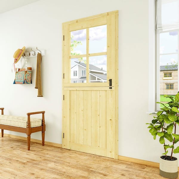 36 in. x 80 in. Solid Pine Universal 4-Lite Clear Glass Unfinished Wood Prehung Front Door w/Quick Assemble Jamb Dutch D