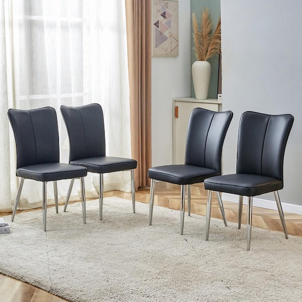 Noble House Orveth Black Upholstered PU Leather Dining Chairs with Electroplated Metal Legs, Set of 4