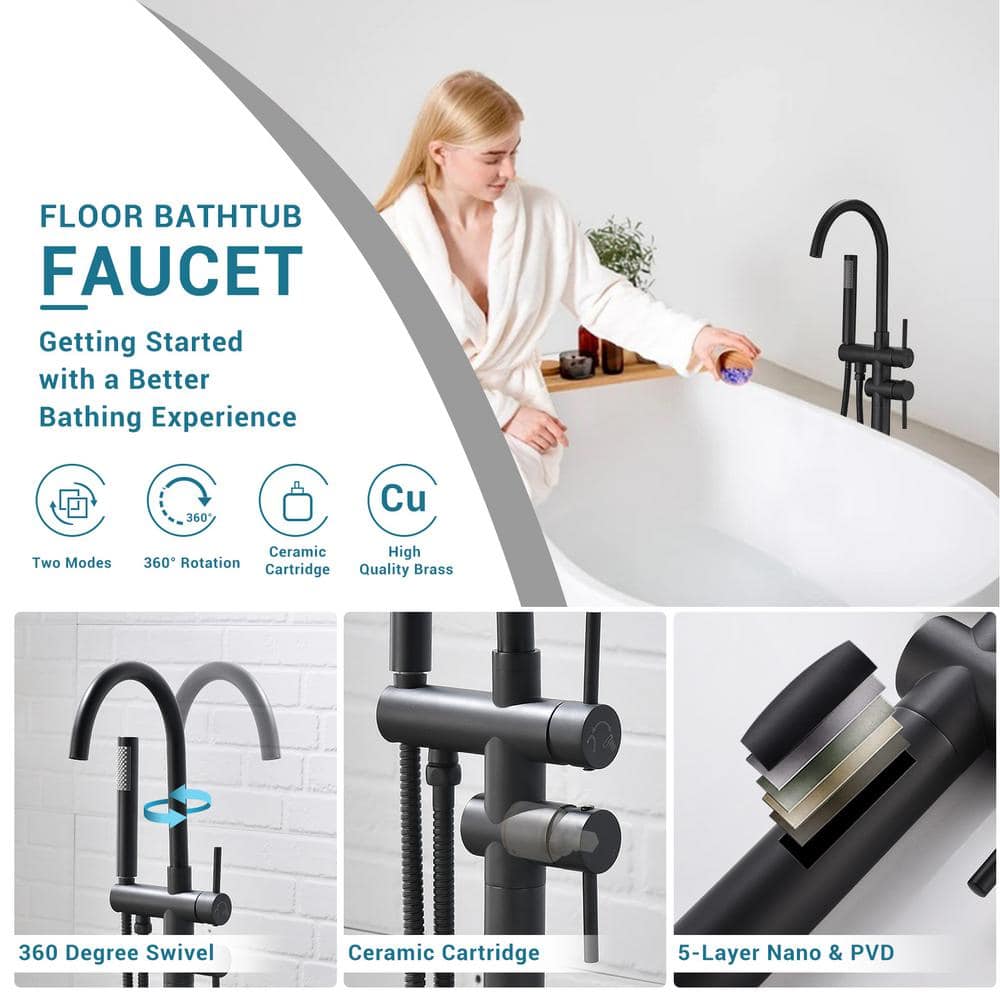 Matte Black Brass Freestanding Tub Filler with Handheld Shower