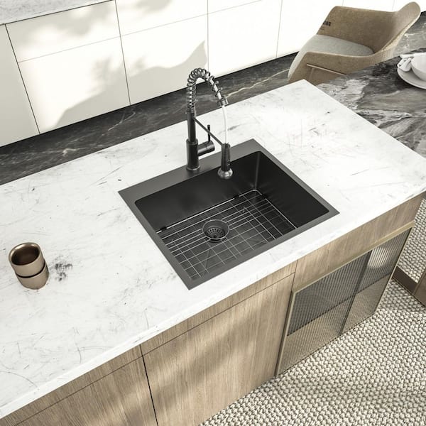 25 in. Drop-in Sink Single Bowl 16-Gauge Gunmetal Black Stainless Steel Kitchen Bar Sink with Bottom Grid