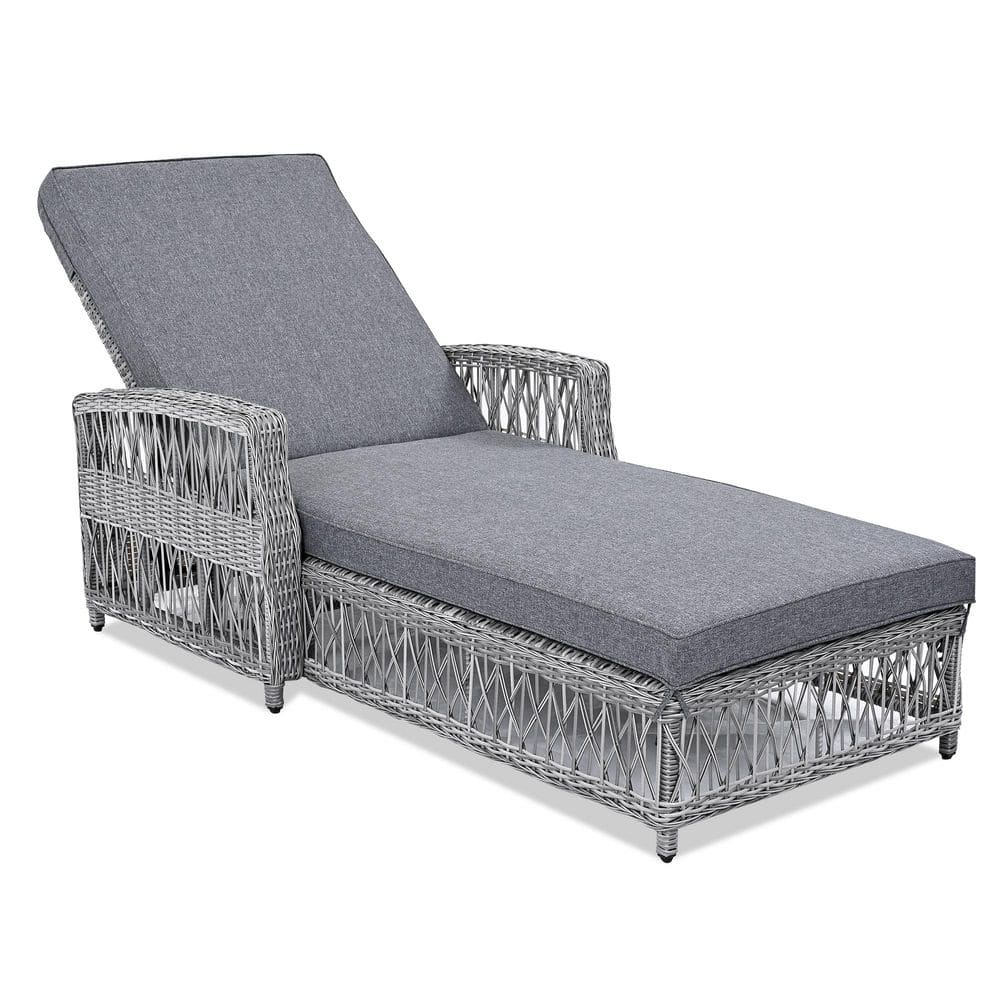 Gray Wicker Outdoor Long Chaise Lounge, Patio Adjustable Recliner with Soft