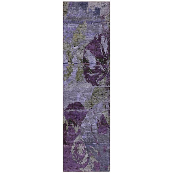 Purple, Green 2 ft. x 8 ft. Woven Abstract Polyester Runner Indoor / Outdoor Area Rug