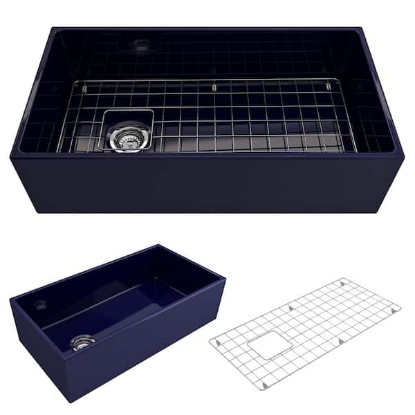 BOCCHI Contempo Farmhouse Apron Front Fireclay 36 in. Single Bowl Kitchen Sink with Bottom Grid and Strainer in Sapphire Blue