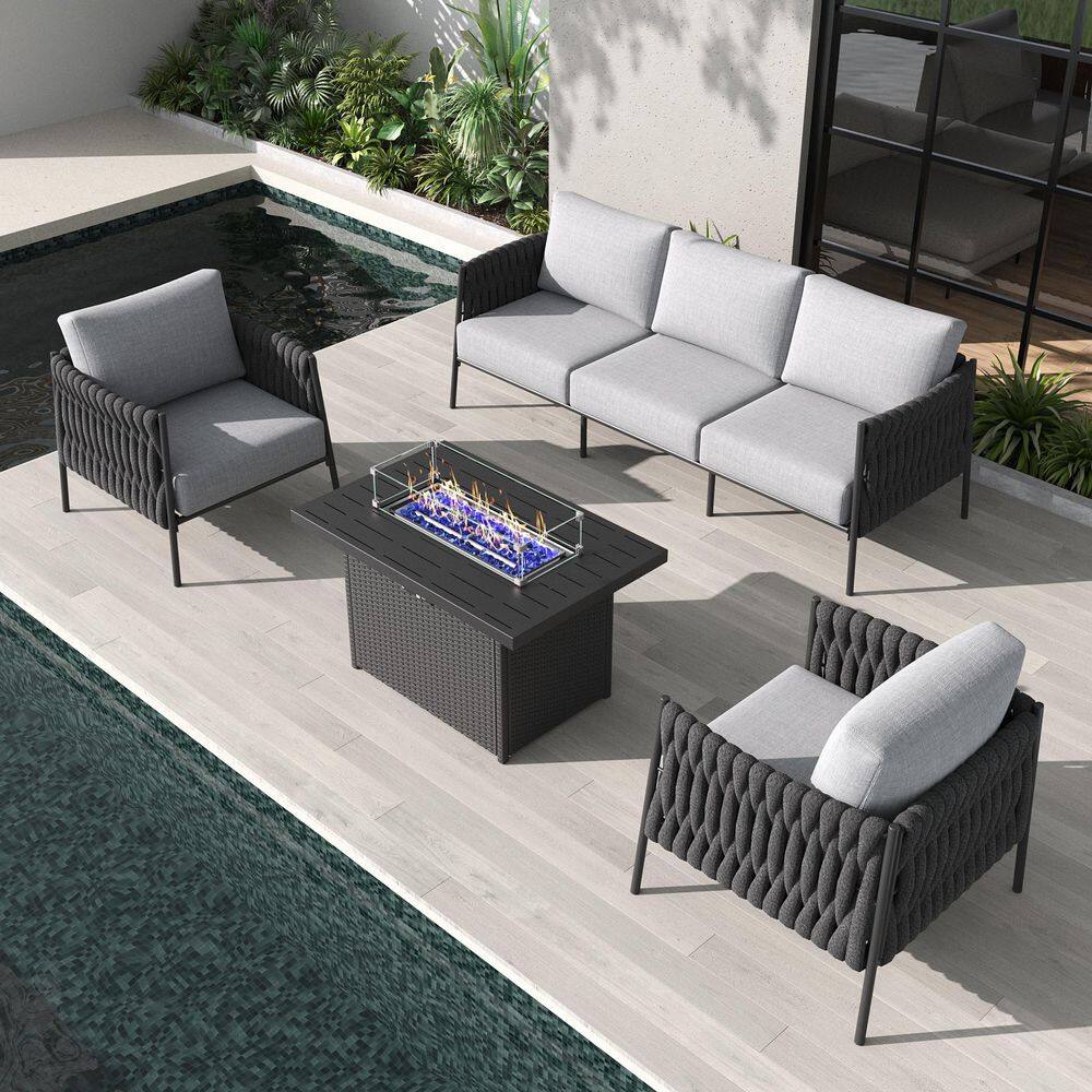 4-Piece Modern Woven Rope Outdoor Furniture Set with Fire Pit Table and Light Gray Cushions price history on PriceWatchPro