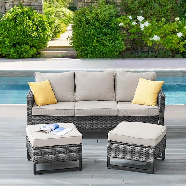 Gymojoy Valenta Gray 3-Piece Wicker Outdoor Couch with Beige Cushions