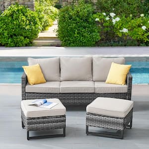 Valenta Gray 3-Piece Wicker Outdoor Couch with Beige Cushions