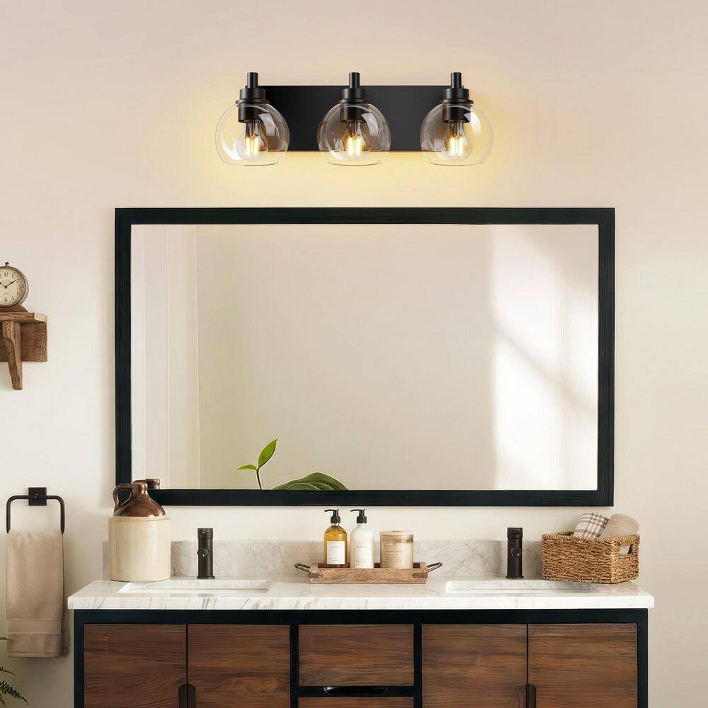 Modern 19.3 in. 3-Light Matte Black Bathroom Vanity Light with Clear Glass Shades Classic Wall Sconce for Damp Location price history on PriceWatchPro